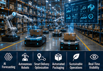 Toekomstig fulfilmentmagazijn met robots, AI-automatisering en slimme logistieke systemen