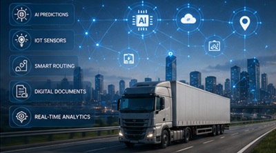 Toekomstige logistieke technologie met AI-zendingtracking, slimme transportsystemen en digitale supplychainzichtbaarheid