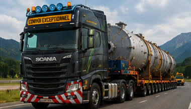 Zwaartransporttrekker die een trailer met overmaatse lading trekt op de snelweg