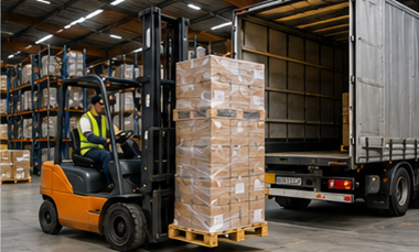 Pallettransportproces met heftrucks, magazijnbelading, palletwikkelen en levering per vrachtwagen