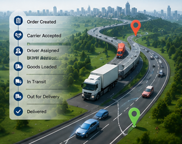 Modern logistiek trackingproces met GPS-tracking van vrachtwagens, digitale transportsystemen en zendingupdates