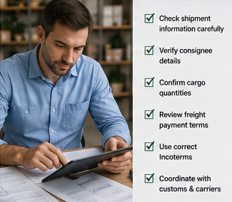 Logistieke professionals die Bill of Lading-documenten controleren vóór internationale verzending