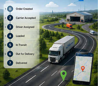 Digitaal logistiek proces met zendingtracking, GPS-routes en transportstatusupdates