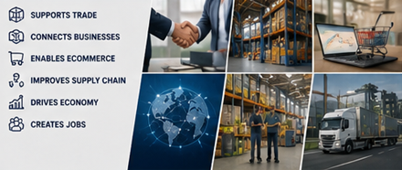 Europese vrachtlogistiek en supply chain met magazijnen, vrachtwagens en distributieactiviteiten