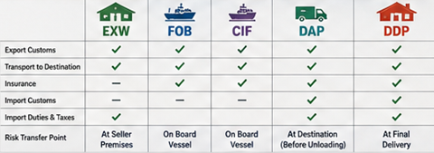 Vergelijking van verantwoordelijkheden bij EXW, FOB, CIF, DAP en DDP in internationaal transport