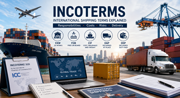 Internationaal cargotransport met containers, vrachtwagens, schepen en logistieke professionals die Incoterms uitleggen voor wereldhandel