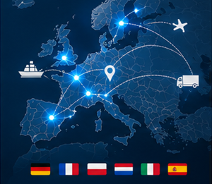 Internationale transporttracking over Europese landen met logistieke routes en douaneprocessen