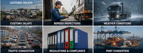 Uitdagingen bij internationaal transport, waaronder douanevertragingen, weer, verkeer, havens en vrachtlogistieke operaties