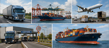 Internationaal vrachtvervoer met vrachtwagens bij grensovergangen, vrachtschepen, douane en wereldwijde logistieke operaties