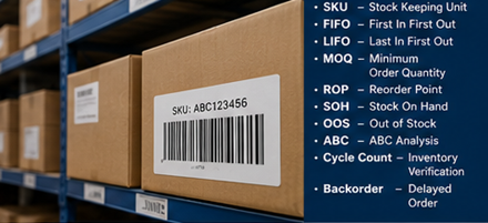 Voorraadbeheer in een magazijn met barcodelabels, opslagschappen en logistieke trackingsystemen