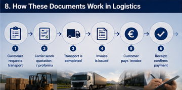 Logistieke workflow met offerte, factuur, ontvangstbewijs en betalingsproces op een transportplatform