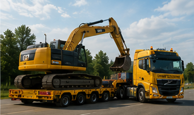 Dieplader die bouwmachines en overmaatse lading vervoert