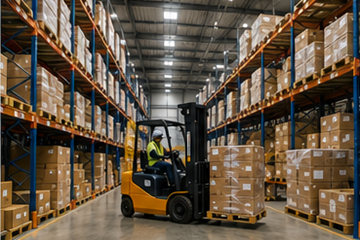Groot logistiek magazijn met stellingen, vorkheftrucks en pallets