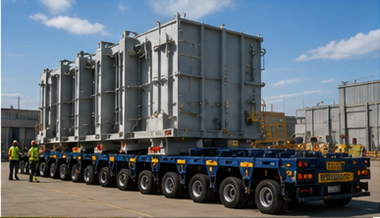 Modulair zwaartransport-trailersysteem dat overmaatse industriële lading vervoert