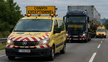 Begeleidingsvoertuigen die een overmaattransportkonvooi begeleiden op een Europese snelweg