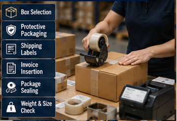 Magazijnmedewerkers die online bestellingen inpakken met dozen, labels en beschermende materialen