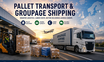 Europees pallettransport en groupagevervoer met logistieke vrachtwagens, magazijnen, pallets en vrachtoperaties