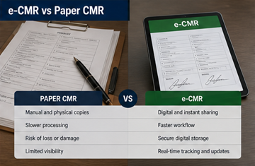 Vergelijking tussen papieren CMR-document en digitale e-CMR op tablet, die de moderne transformatie in logistiek toont