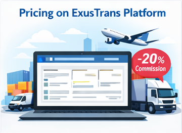 ExusTrans tarievendashboard met express-, vaste prijs- en distributietransportopties en een commissiesysteem van 20 procent