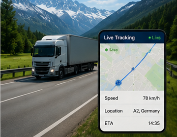 Vrachtwagen met GPS-routetrackingsysteem op Europese snelweg tijdens transportoperatie