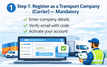 Transportbedrijf dat een vervoerdersaccount registreert op het ExusTrans-platform met bedrijfsverificatie en activatieproces