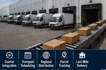 Bezorgtrucks die zendingen laden vanuit een fulfilmentmagazijn