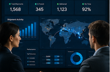 Supplychainmanagers die transporttrackinganalyses en logistieke dashboards monitoren