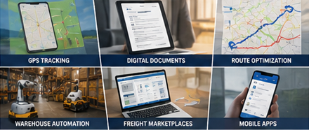 Moderne vrachtvervoertechnologie met GPS-tracking, logistieke software en digitale leveringssystemen