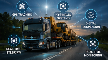 Digitale systemen en GPS-technologie die in moderne zwaartransportvoertuigen worden gebruikt