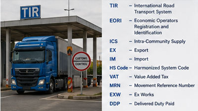 Internationale vrachtwagen die het TIR-douane-transitsysteem gebruikt bij een Europese grensovergang