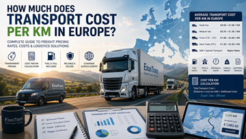 Europese vrachttransportkosten per kilometer met logistieke vrachtwagens, snelwegen, brandstofprijzen en leveringsberekening