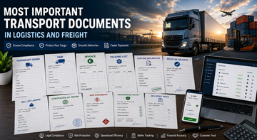 Verzameling van belangrijke transportdocumenten, waaronder CMR, factuur, douanepapieren en digitale logistieke tracking in Europa