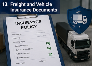 Verzekeringsdocumenten voor vracht en voertuigen gebruikt in logistiek transport om lading, trucks en transporteurs te beschermen