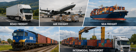 Transportmethoden inclusief vrachtwagens, vrachtvliegtuigen, containerschepen en railvrachtlogistiek