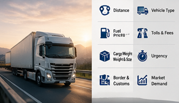 Logistieke prijsfactoren inclusief afstand, brandstof, tol, lading en transportplanning in Europa