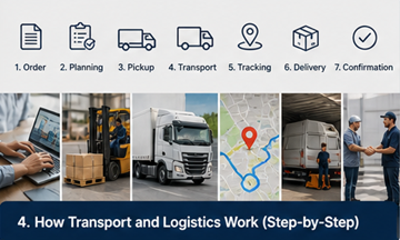 Stapsgewijs transportproces van ophaling tot levering, logistieke workflow