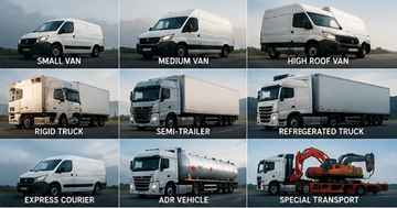 Verschillende voertuigen voor vrachtvervoer in Europa, waaronder bestelwagens, vrachtwagens en trekker-opleggers