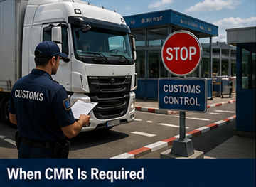 Vrachtwagen aan een Europese grens waarbij de chauffeur vervoersdocumenten, waaronder CMR, toont