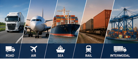 Verschillende methoden van vrachtvervoer inclusief vrachtwagen, vliegtuig, vrachtschip en goederentrein