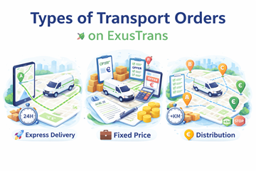 Overzicht van express-, vasteprijs- en distributietransportopdrachten op ExusTrans met routeplanning en prijsillustratie