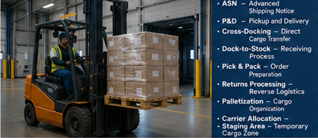 Heftruck die pallets laadt en goederenbehandelingsoperaties in een modern logistiek magazijn