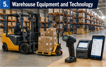 Magazijnmaterieel zoals heftrucks, palletstellingen, barcodescanners en logistieke technologie