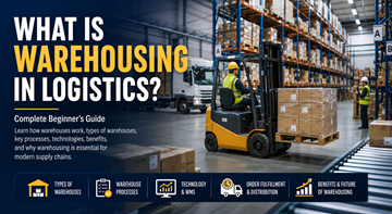 Modern logistiek magazijn met stellingen, heftrucks, pallets en medewerkers die voorraad beheren in Europa