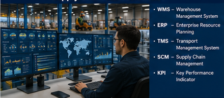 Logistiek coördinator in het magazijn die voorraad- en supplychainoperaties monitort op digitale schermen
