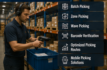 Magazijnmedewerker gebruikt WMS-software voor orderpicking en fulfilmentprocessen