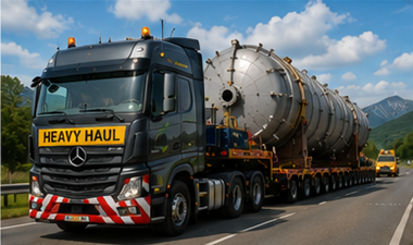 Konvooi voor zwaar transport met overmaatse industriële lading op een Europese snelweg