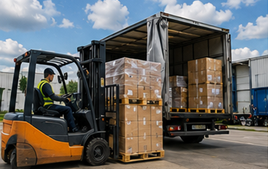 Pallettransport met gestapelde pallets, heftrucks, logistieke vrachtwagens en magazijn- en vrachtoperaties