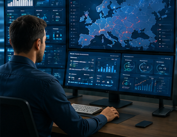 Logistiek medewerker die een zendingstrackingsysteem monitort met realtime transportupdates in heel Europa