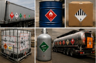 ADR-etiketten aangebracht op colli, vrachtwagens en containers met gevaarlijke goederen