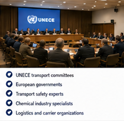 UNECE en internationale transportautoriteiten die ADR-regelgeving voor gevaarlijke goederen beheren
